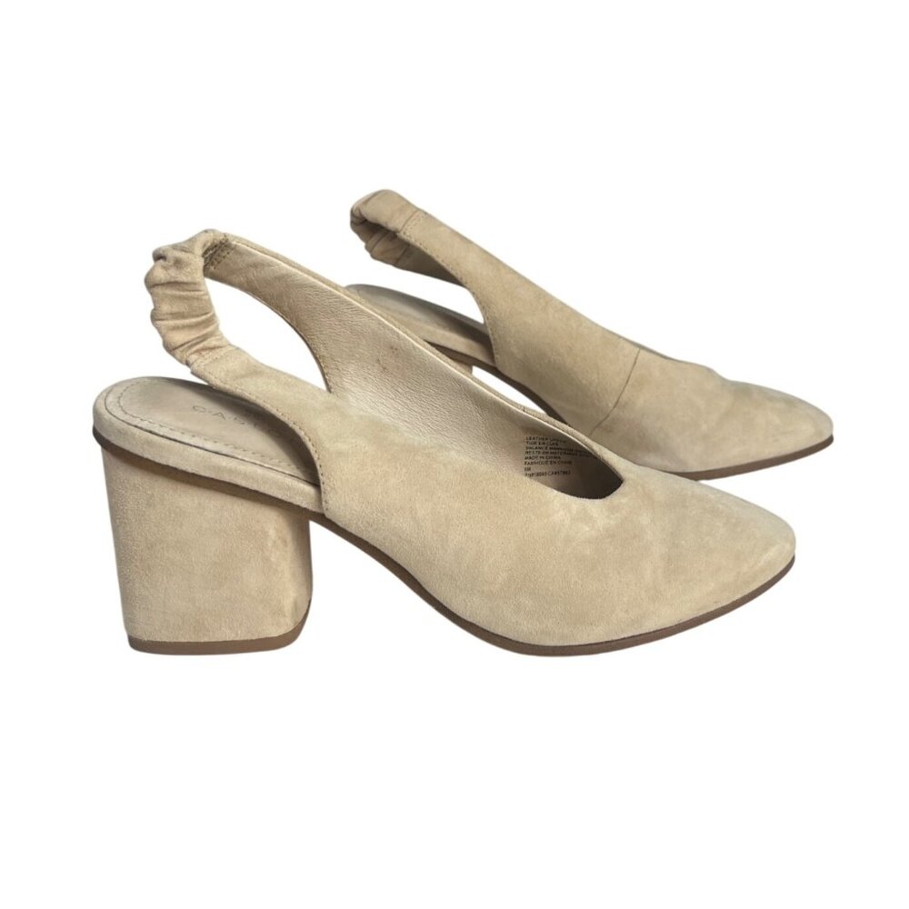 Suede Slingback Block Heel Shoes Size 8 Beige Elastic Strap Pointed Toe